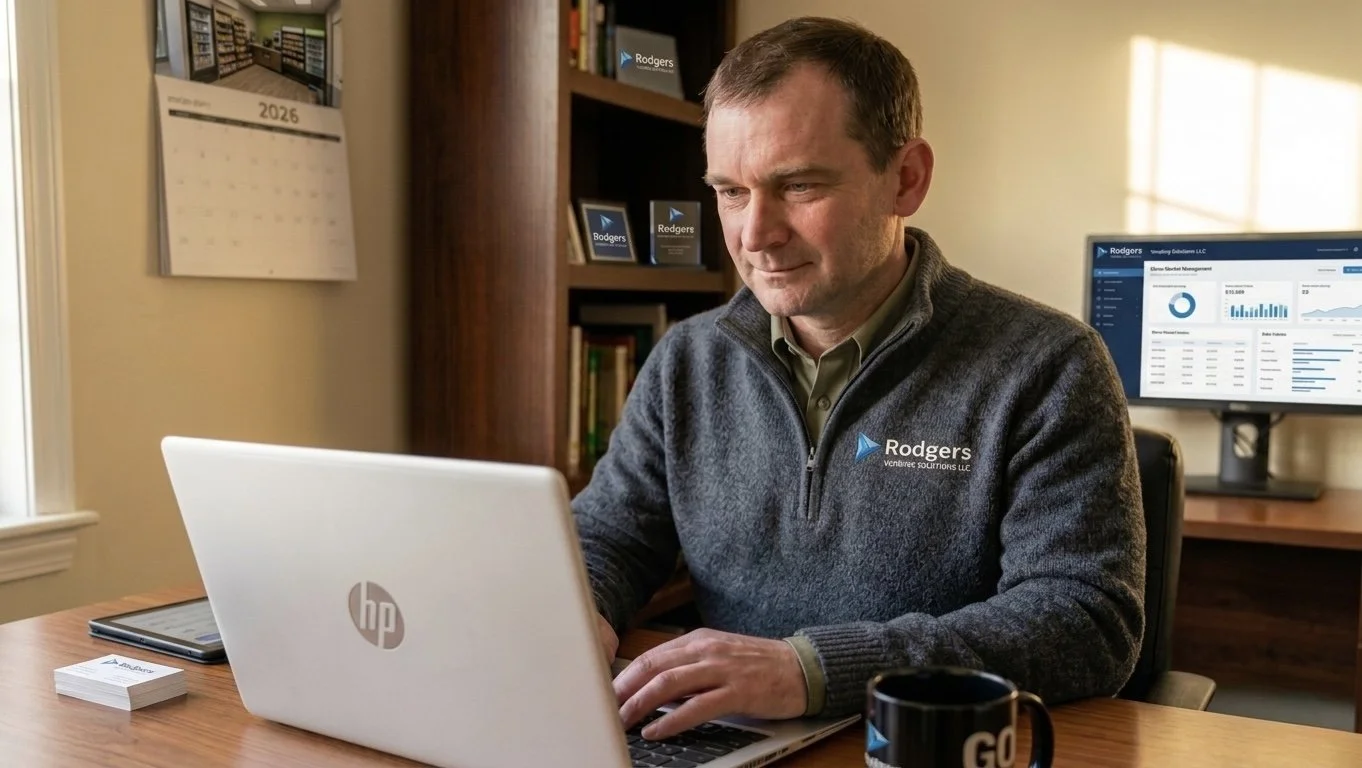 A man working on a white HP laptop at a wooden desk, wearing a gray jacket with the Rogers logo, with a computer monitor displaying analytics in the background.