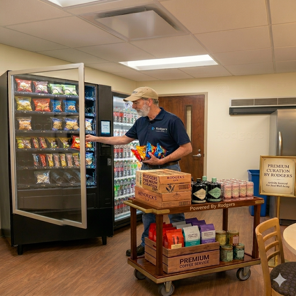 A man with a gray beard wearing a baseball cap and a navy polo shirt stands near a vending machine, holding snack bags, with boxes of snacks and drinks on a rolling cart in front of him. The room has wood flooring and beige walls.