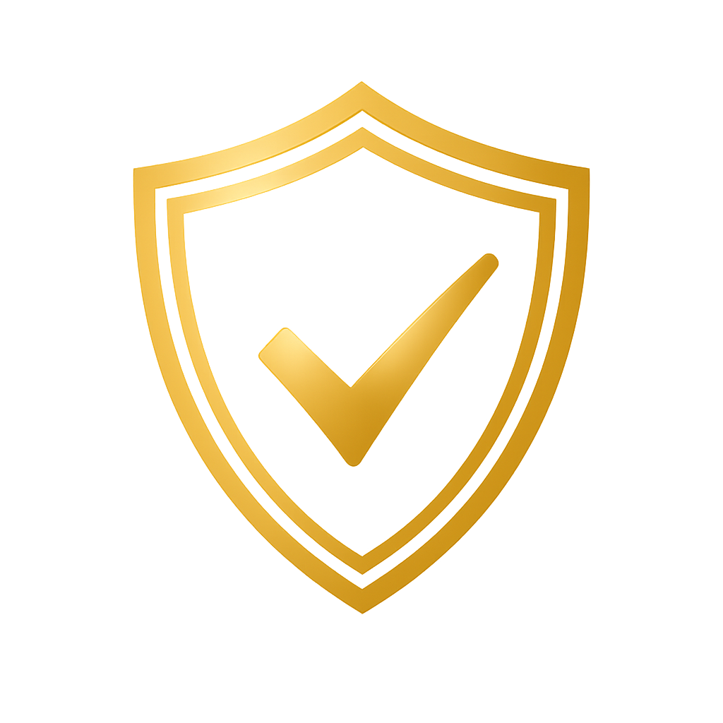 Gold shield with a check mark symbol in the center, representing security or protection.