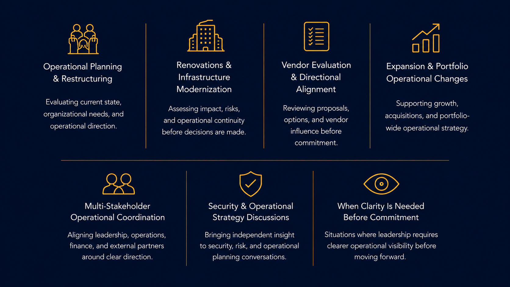 G.I.S. engagement types: Operational Planning, Renovations, Vendor Evaluation, Expansion, Multi-Stakeholder Coordination, Security Strategy, and Clarity Before Commitment