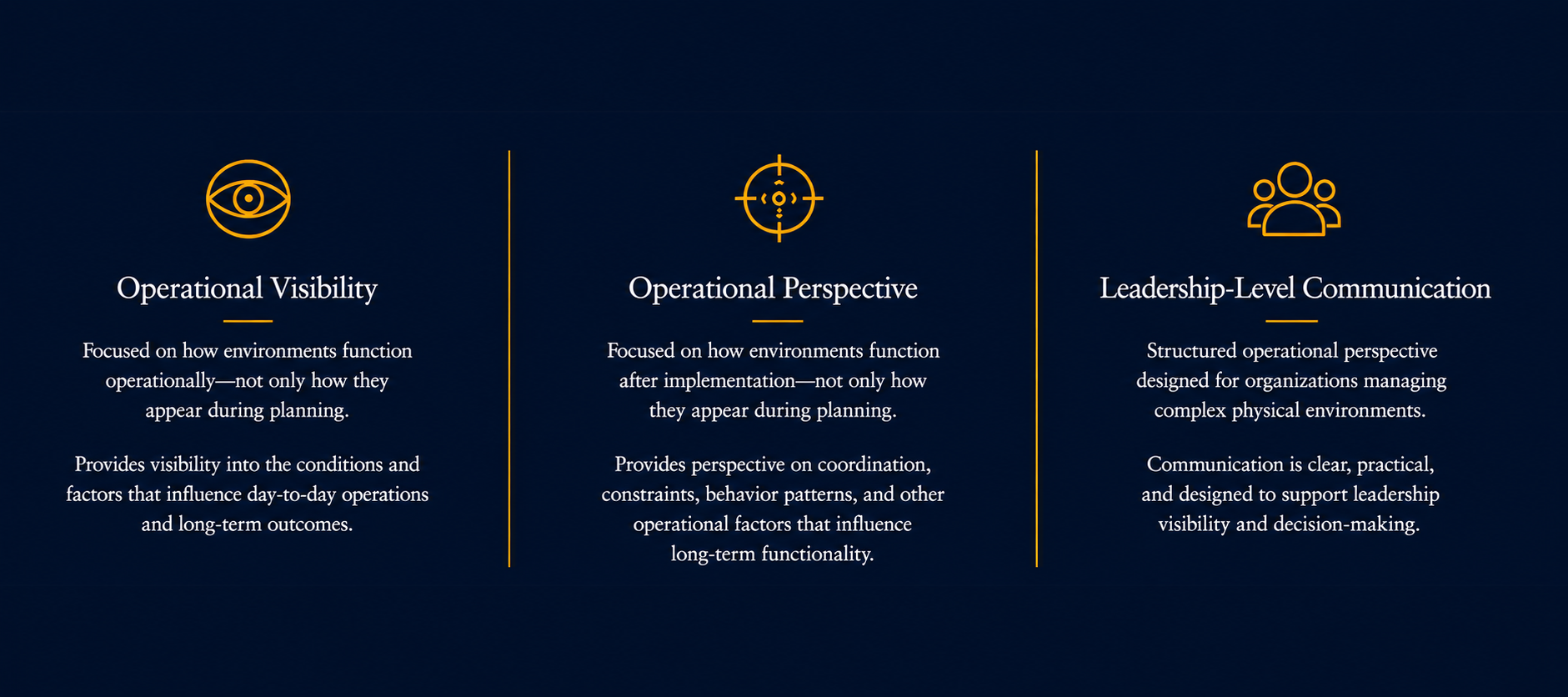 G.I.S. operational pillars: Operational Visibility, Operational Perspective, Leadership-Level Communication - independent advisory at every stage