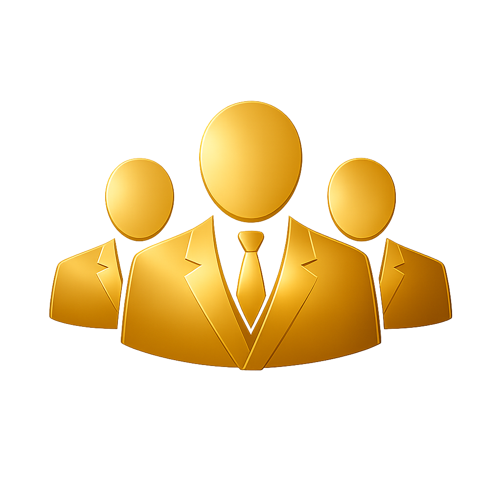 A gold-colored icon of three faceless businesspeople wearing suits and ties, representing a group or team of professionals.