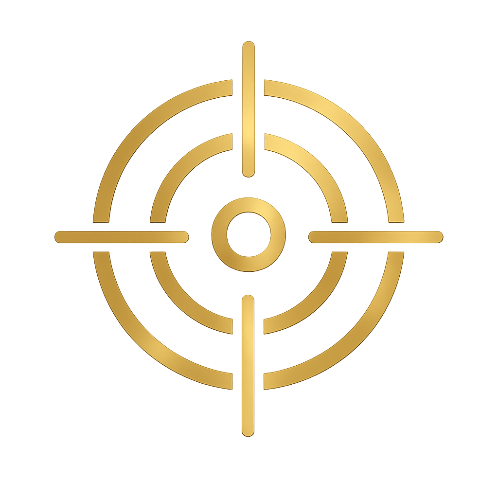 A gold-colored mechanical crosshair or targeting reticle with concentric circles and lines.