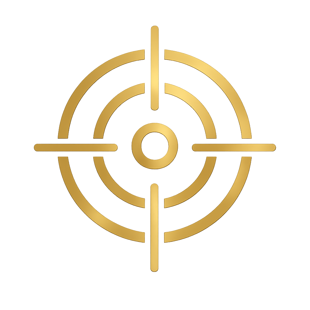 A golden 3D target with crosshairs, resembling a precision aiming or shooting scope.