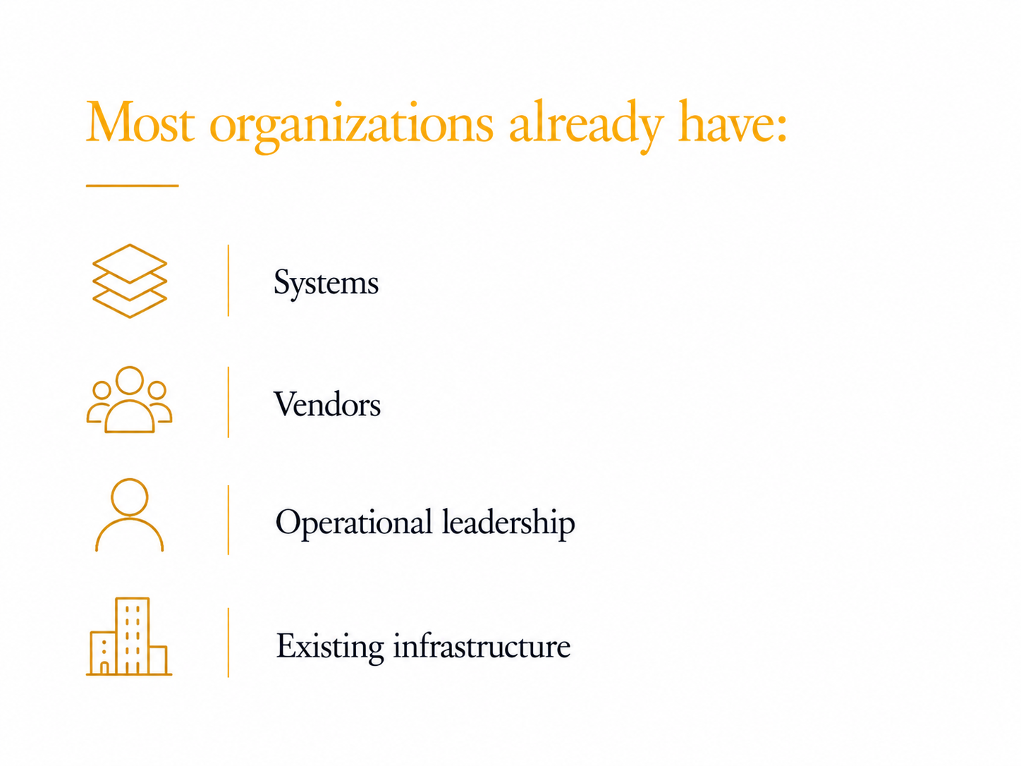 Organizations already have systems, vendors, leadership, infrastructure - G.I.S. provides independent operational perspective