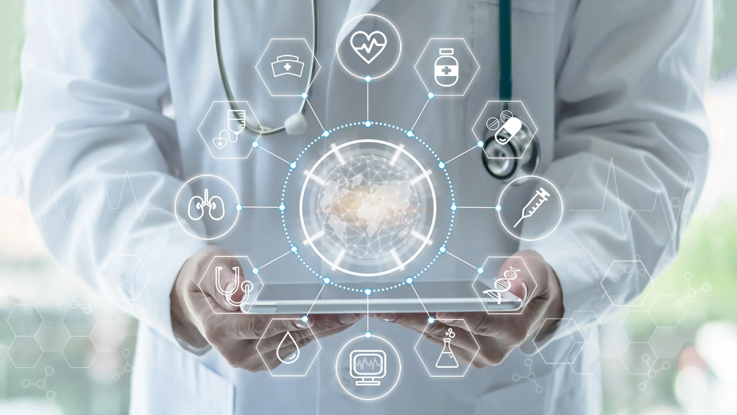 A healthcare professional in a white coat with a stethoscope around their neck, holding a tablet with holographic medical icons and data visualizations related to medicine, health, and science.