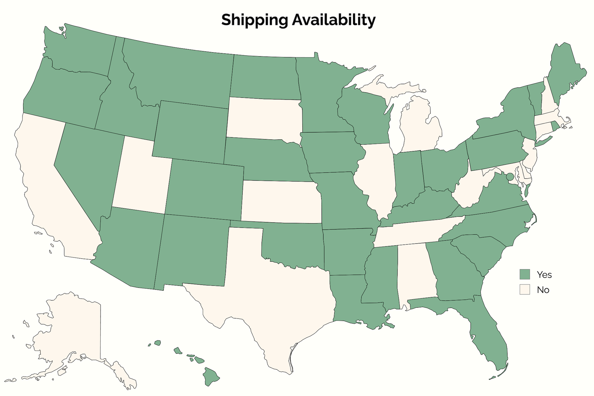 Map of the United States showing states with available shipping as green and those without as white, titled 'Shipping Availability'.