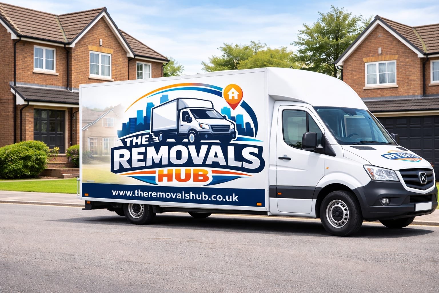 A removal truck parked on a residential street with houses and greenery in the background. The truck displays branding for The Removals Hub, including a logo with a moving truck, a red house icon, and website URL.