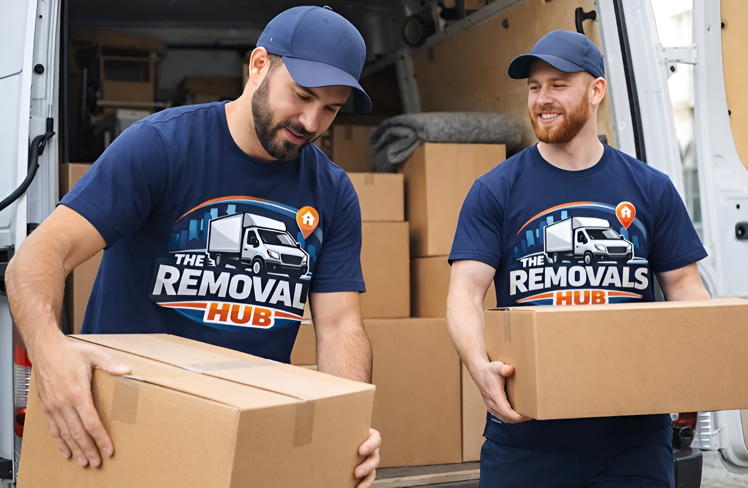 Two men wearing matching blue t-shirts and caps loading cardboard boxes into a van for a moving or delivery service called The Removals Hub.