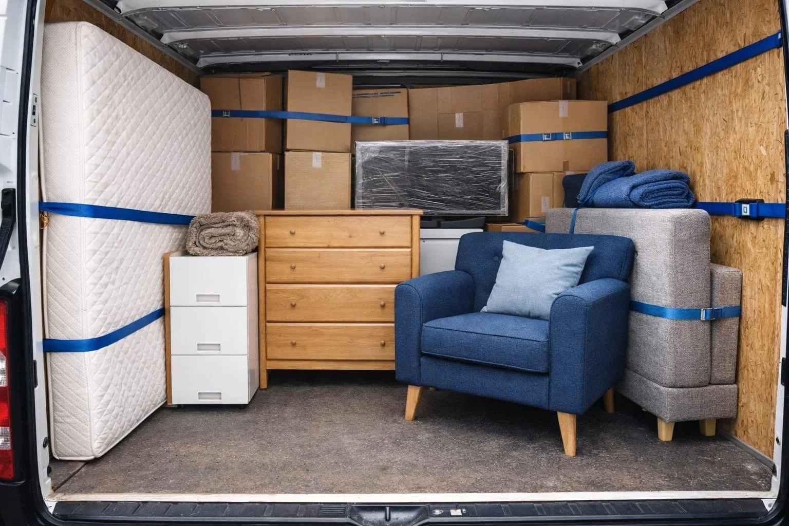 The back of a moving truck filled with furniture and boxes, including a mattress, dresser, armchair, gray ottoman, blankets, and a small white drawer unit.
