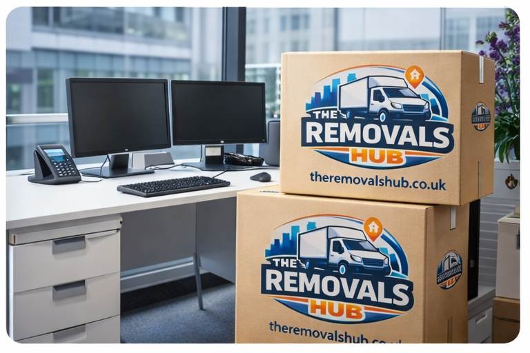 Two cardboard boxes with 'The Removals Hub' logo and website on them, placed near a white desk with two computer monitors, keyboard, mouse, and office supplies, in a modern office with large windows.
