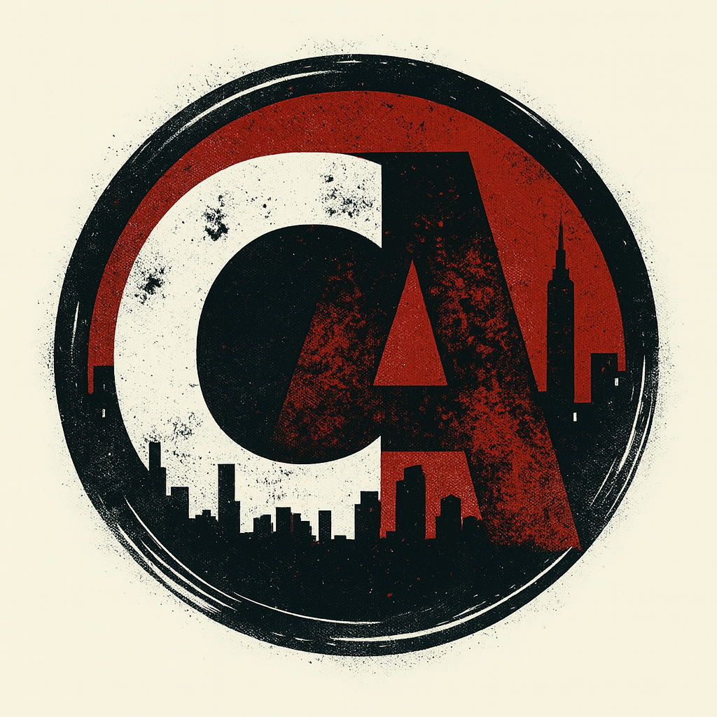 A stylized circular logo with a city skyline silhouette and a giant 'A' in the center, featuring a distressed design with black, white, red, and beige colors.