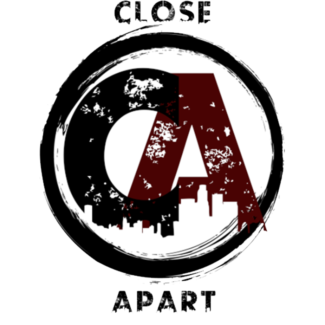 A circular badge with the letters 'CA' in the center, a stylized city skyline at the bottom, and the words 'CLOSURE' at the top and 'A PART' at the bottom, all in black, white, and red colors, with a grungy, distressed design.