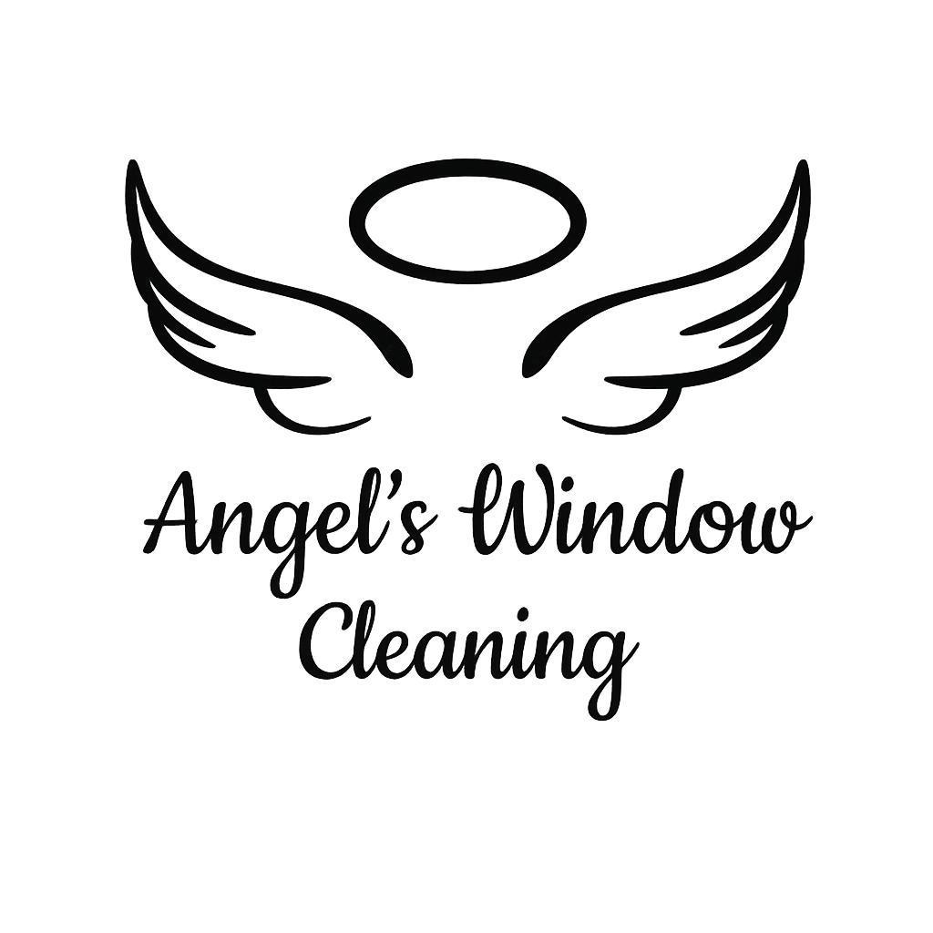 Logo for Angel's Window Cleaning featuring angel wings and a halo above the text