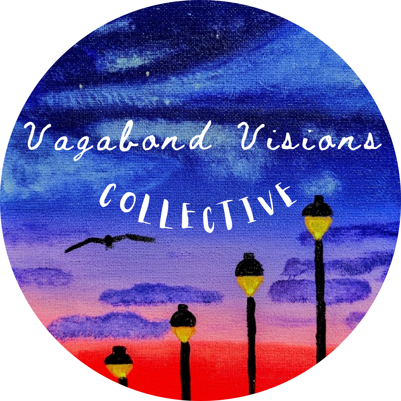 Sunset sky with street lamps and clouds, overlaid with text that reads 'Vagabond Visions Collectiv'.