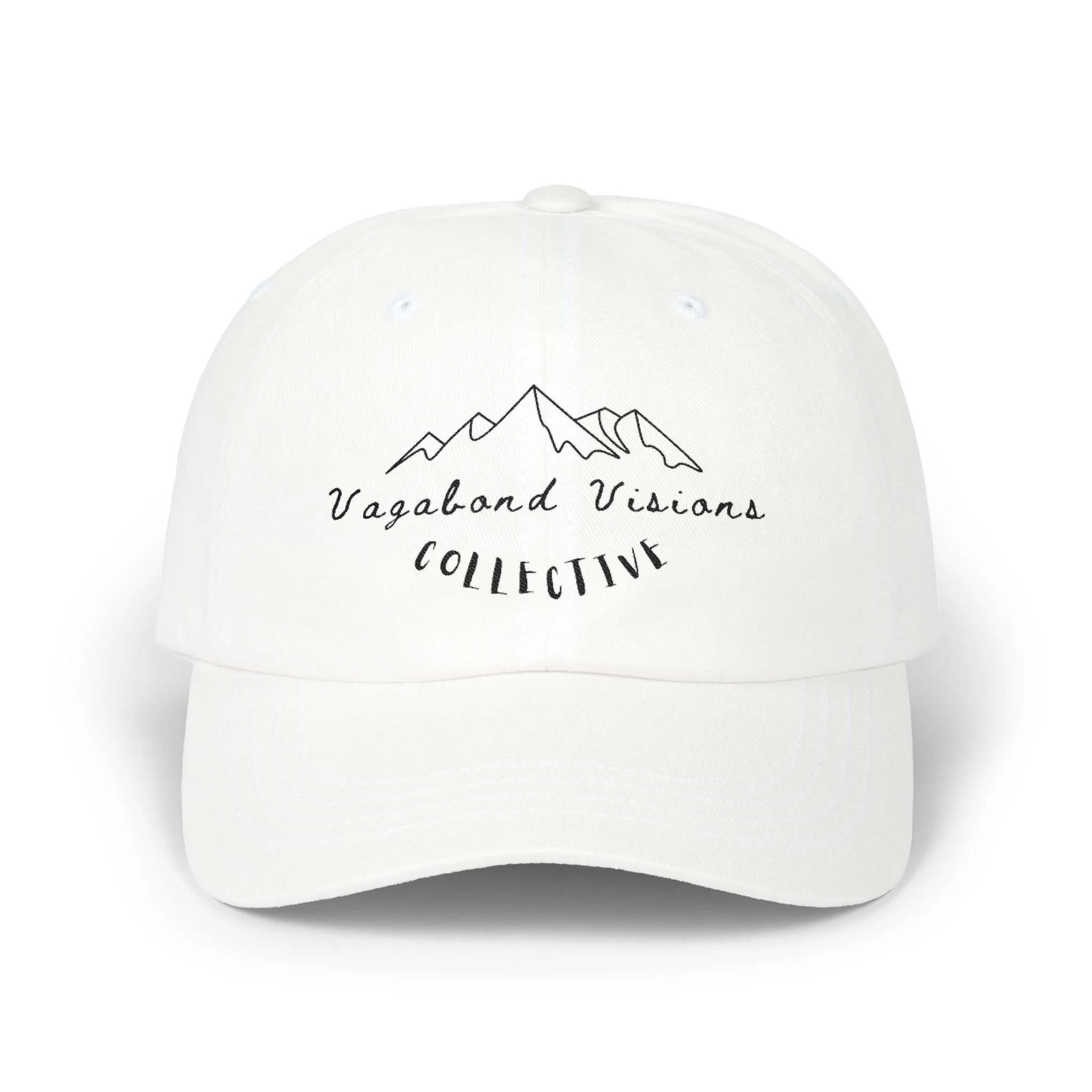 Vagabond Visions Collective Dad Cap — Minimal Mountain Embroidered Hat (Black Font)