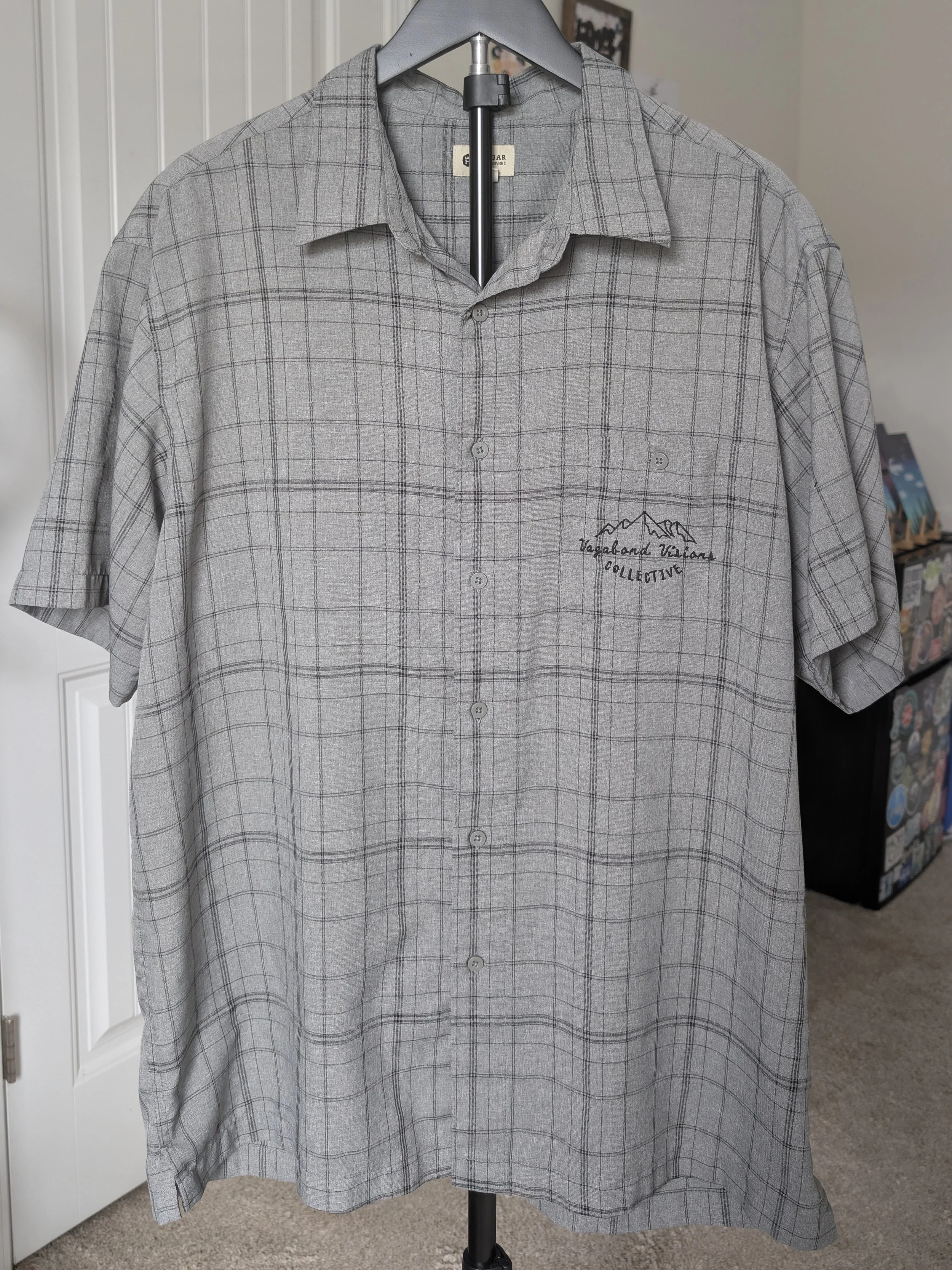 Men's Gray Plaid Haggar Clothing Button Down Polo Shirt (Size XL)