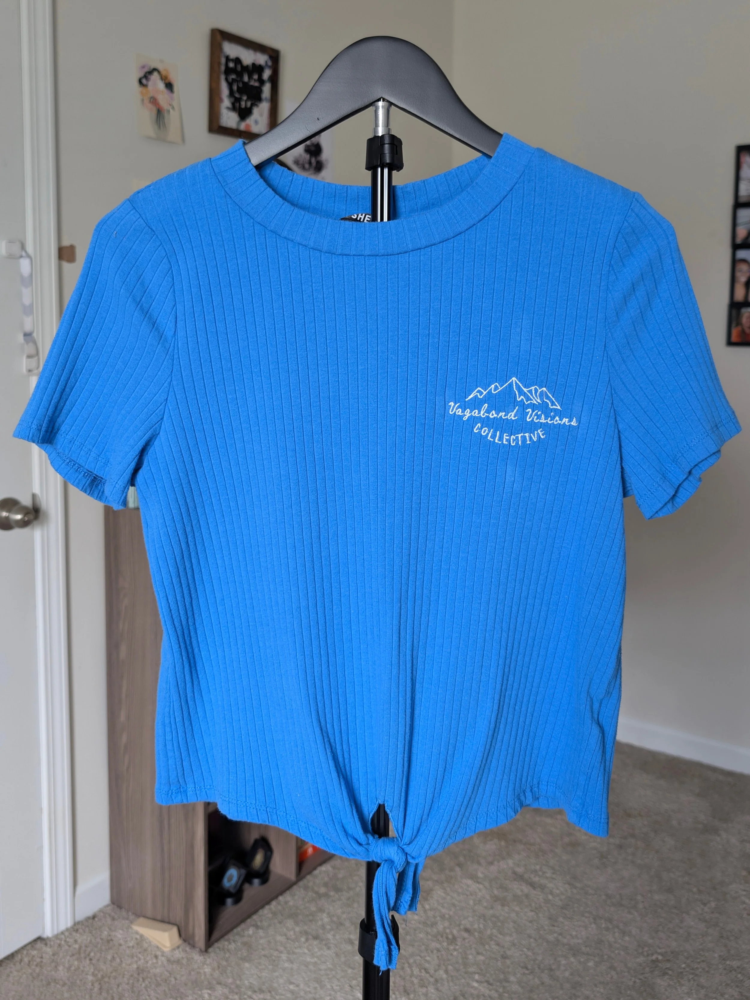 Women's Blue Shein Tie Front Slightly Cropped Top (Size L)