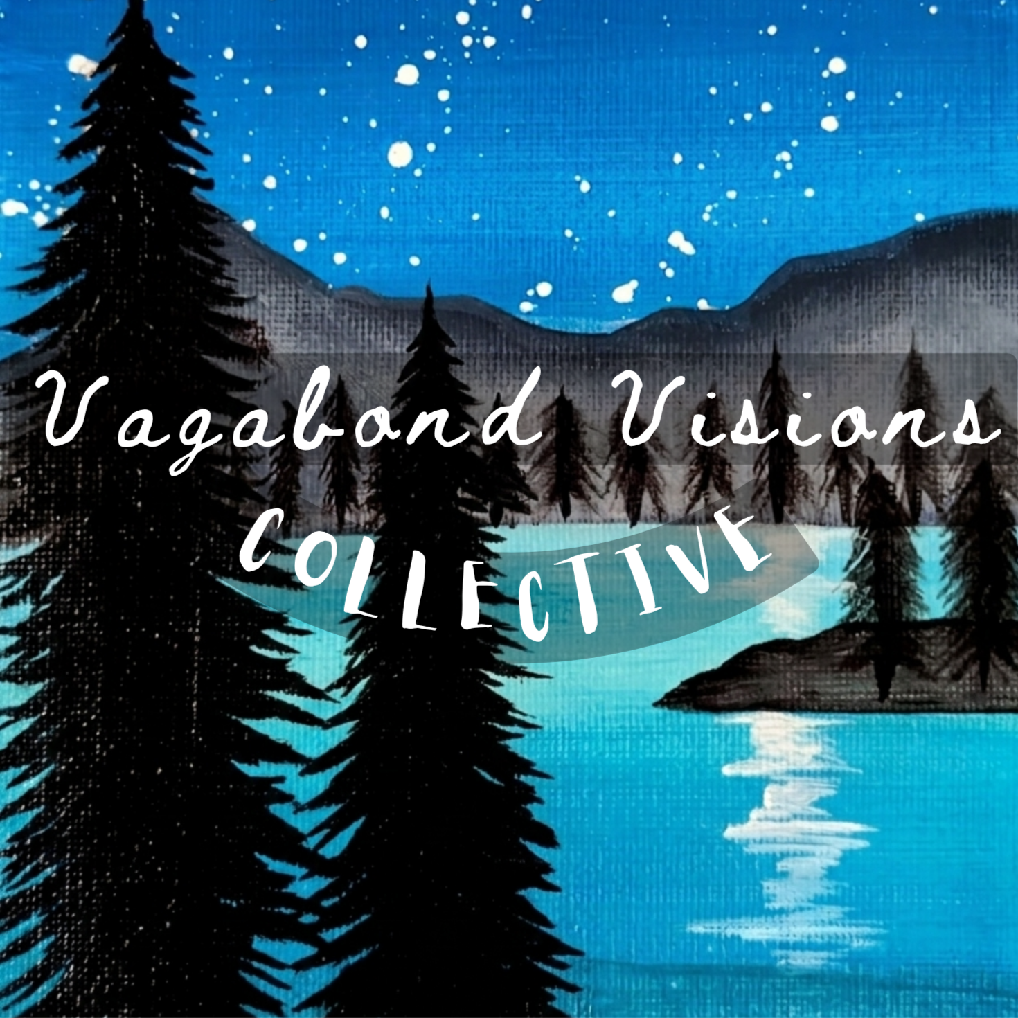 Illustration of a mountain lake scene with tall pine trees, mountains in the background, and a starry night sky. Text overlay says 'Vagabond Vacations Collection'.