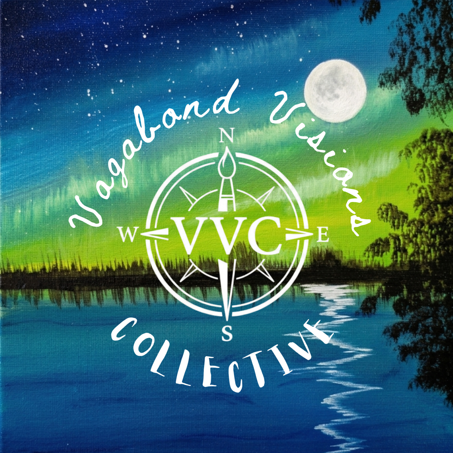 A scenic landscape painting of a lake at night with trees, a full moon, and a starry sky, overlaid with a white circular compass design and the words 'Yaglaga Land Wacama Collection' in white cursive and block letters.
