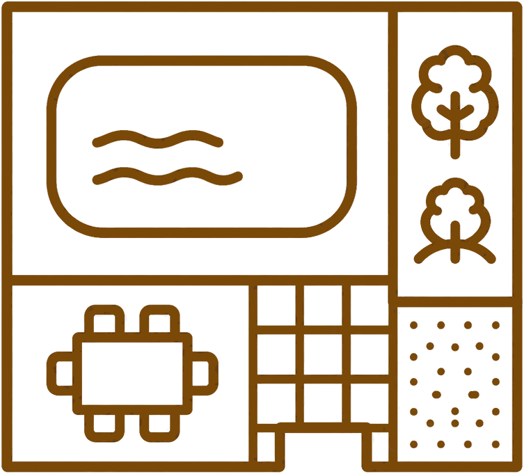 A digital illustration of a control panel with a screen, two trees, a table with four chairs, and some abstract patterns.