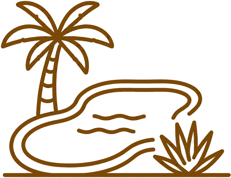 Line drawing of a tropical island scene with a palm tree, a small body of water, and a cluster of spiky plants.