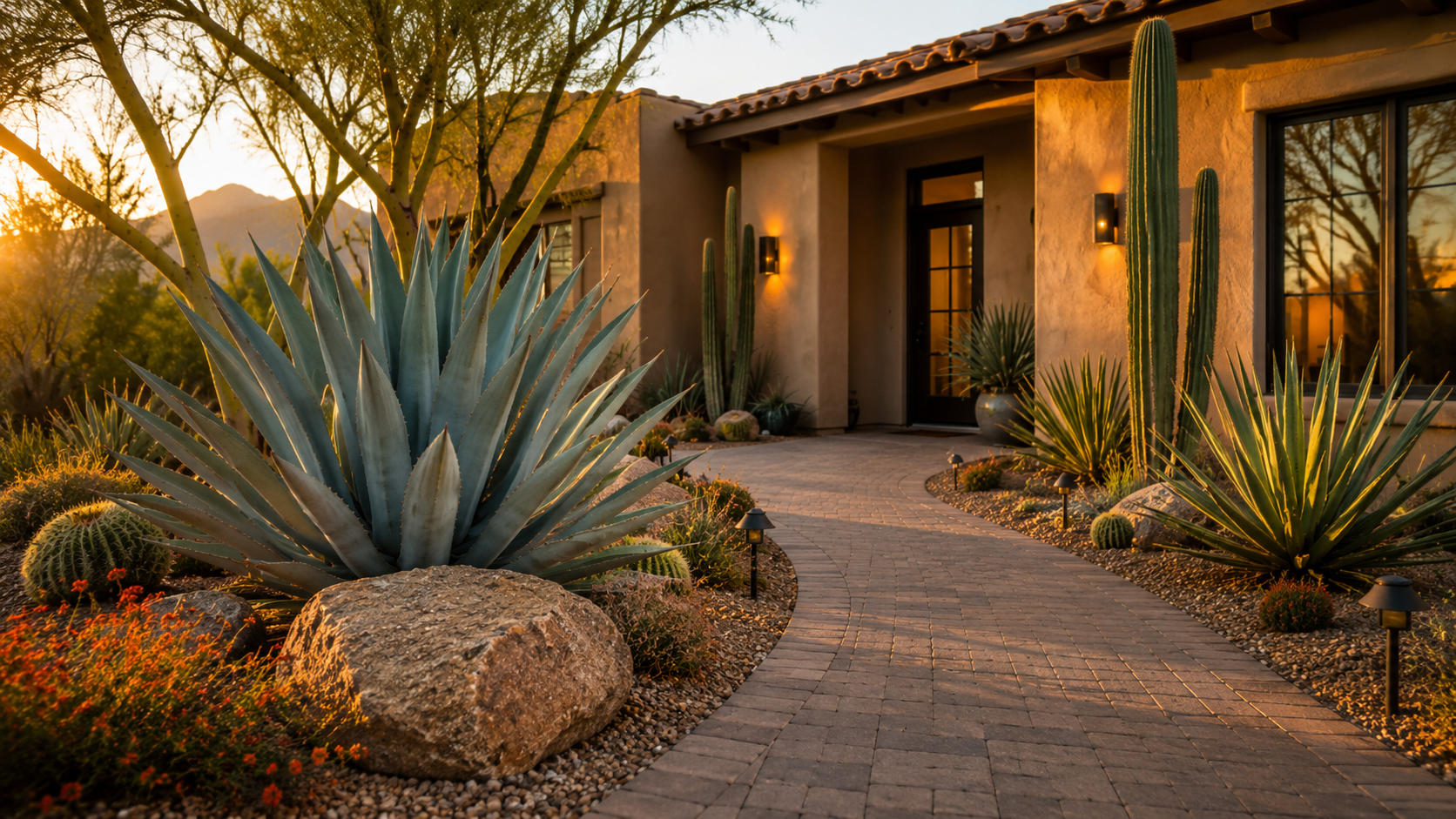A desert-style front yard with large cacti, succulents, and rocks along a curved brick walkway leading to a stucco house with an inviting front door. Warm sunset lighting creates a cozy atmosphere.