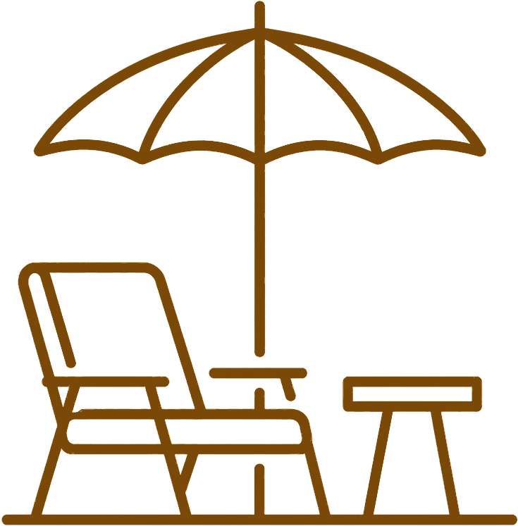 Outline drawing of a lounge chair, a side table, and an umbrella, suggesting a relaxing outdoor setting.