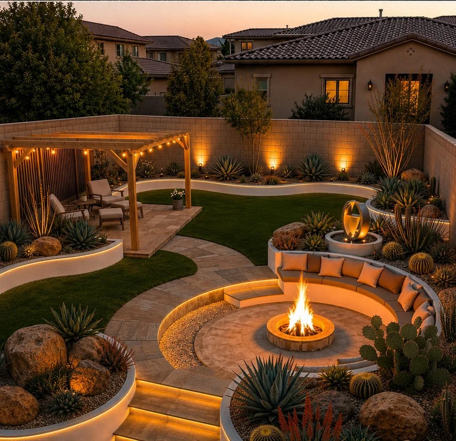 Twilight Fire Pit Backyard Retreat