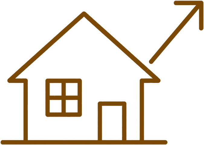 A simple brown outline of a house with a window and door, and an upward arrow indicating growth or increase.