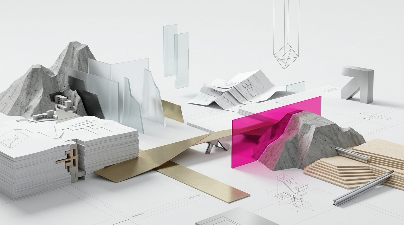 Architectural model and design sketches with mountains, glass panels, and building materials on a white background.