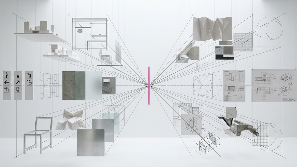 Architectural design with various 3D models, sketches, blueprints, and technical drawings of furniture and building elements, arranged symmetrically with lines and geometric annotations on a white background.