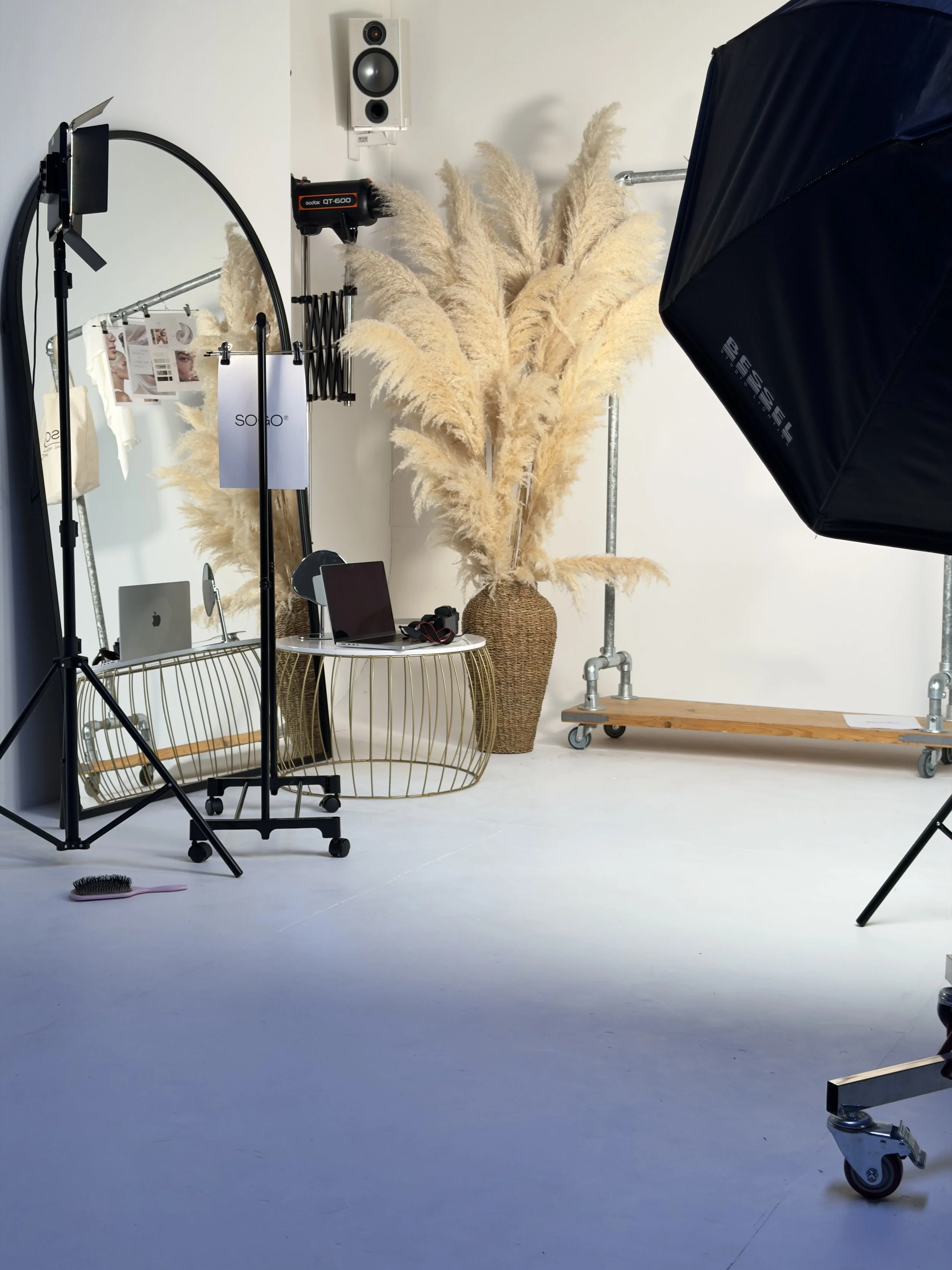 A photography studio setup with a large black softbox light, a tripod, and a gold wire side table with a laptop and headphones. Behind, there are tall beige pampas grass in a woven basket and a white wall with a speaker and a photo display.