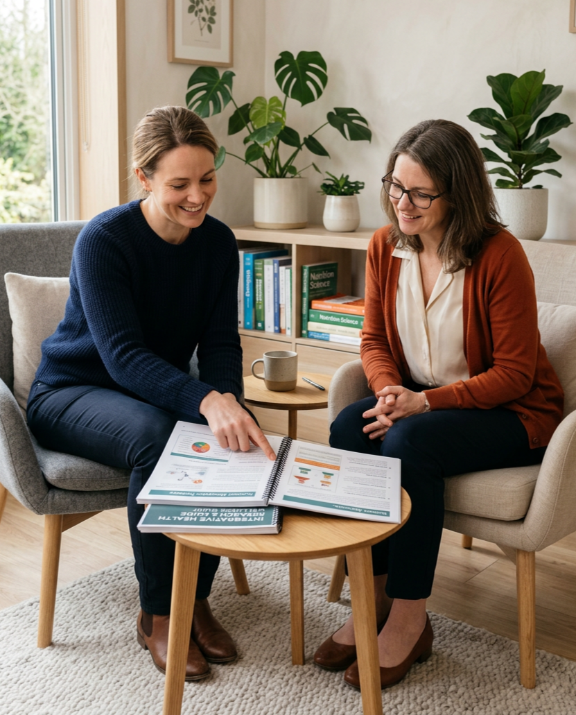 Two women discussing documents at a small wooden table in a cozy, well-lit living room with houseplants and books.