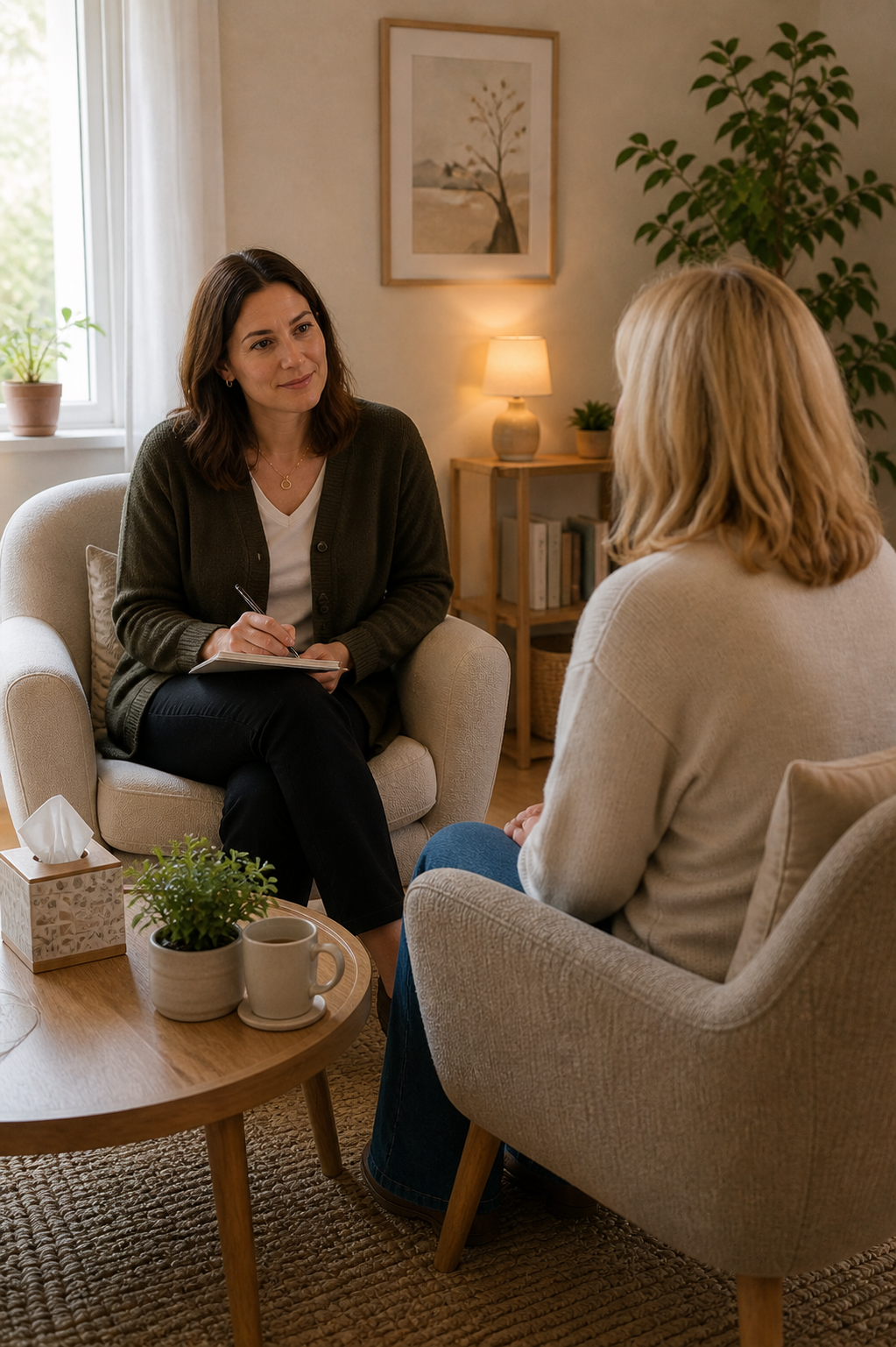 A woman therapist, holding a notepad and pen, sitting and listening attentively to a female client in a cozy living room.