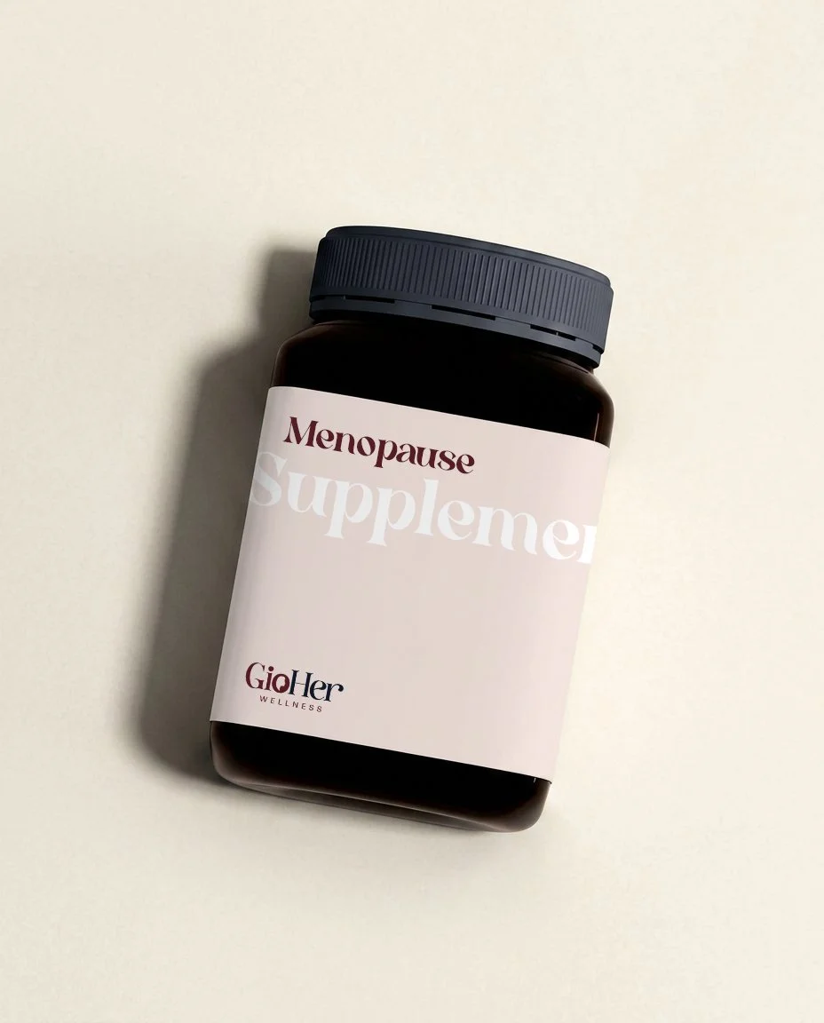 A dark bottle labeled "Menopause Supplement" from GioHer Wellness on a white background.