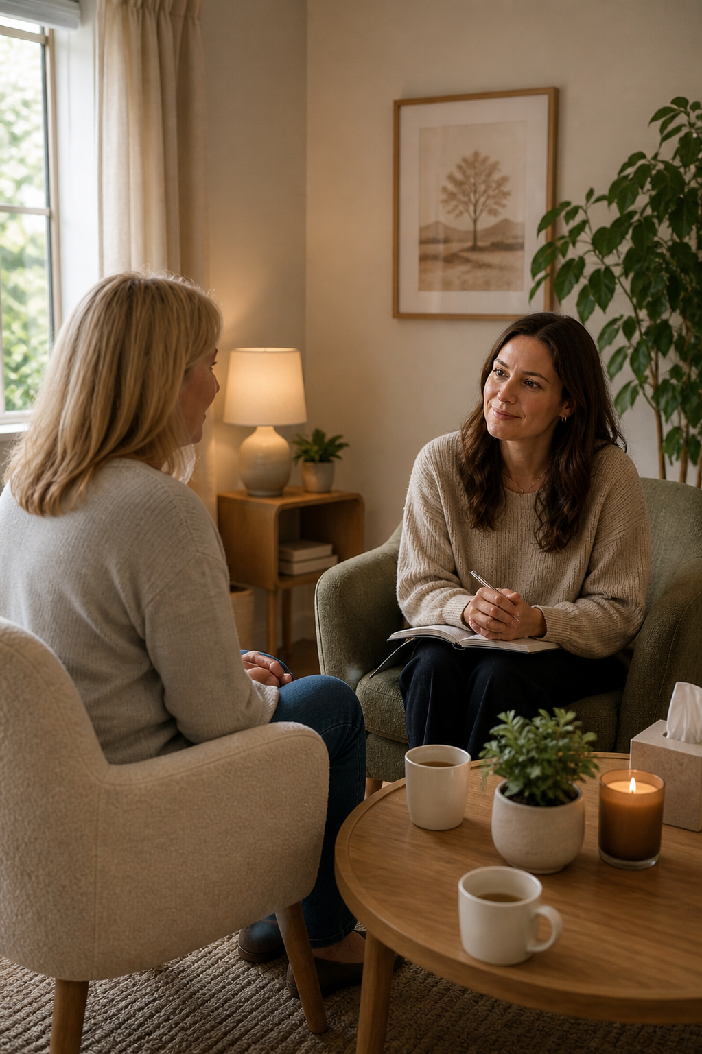 Two women having a conversation in a cozy living room. One woman is sitting on an armchair, the other on a sofa, with a notebook and pen. There are cups of coffee, a lit candle, a small potted plant, and a tissue box on a round wooden table. The room has warm lighting, a framed picture of a tree on the wall, and a window with curtains showing greenery outside.