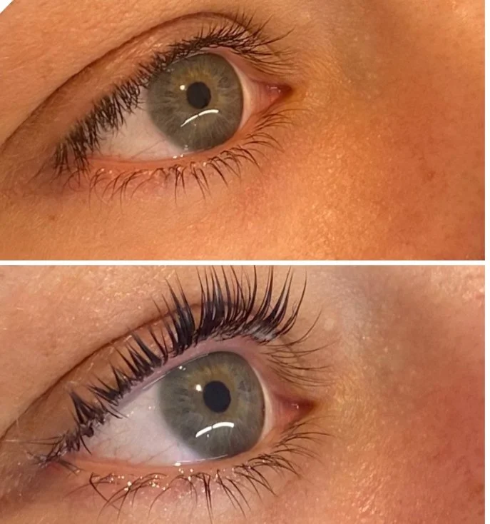 Résultat avant/après rehaussement de cils à L'Apogée — regard ouvert et lumineux à Péchabou près de Toulouse.