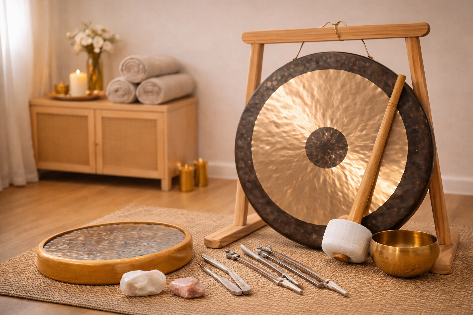 Instruments de sonothérapie — gong, bols et cristaux utilisés lors des séances de bien-être à L'Apogée, Péchabou.