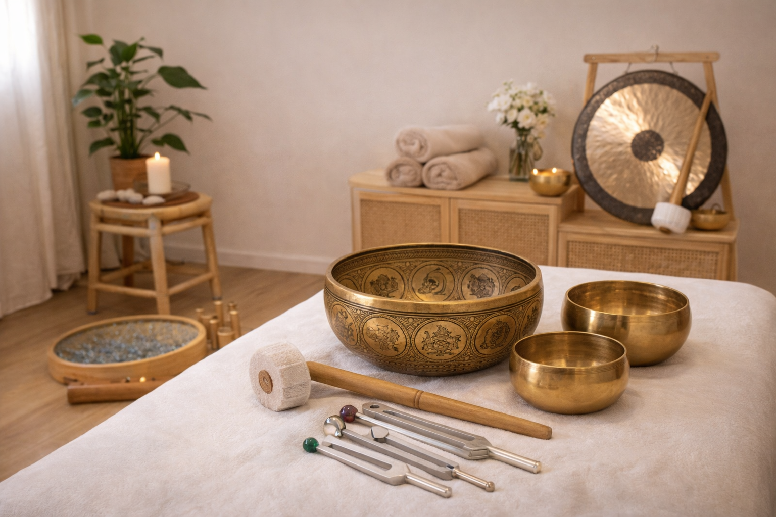 Salle de sonothérapie à L'Apogée — bols tibétains, gong et instruments sacrés pour vos séances de bien-être à Péchabou.