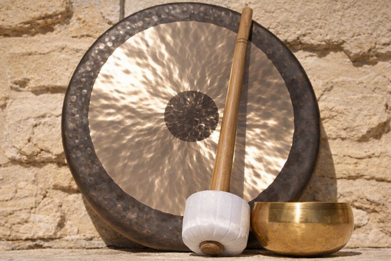 Instruments de sonothérapie gong bols tibétains diapasons séance L'Apogée Péchabou Toulouse