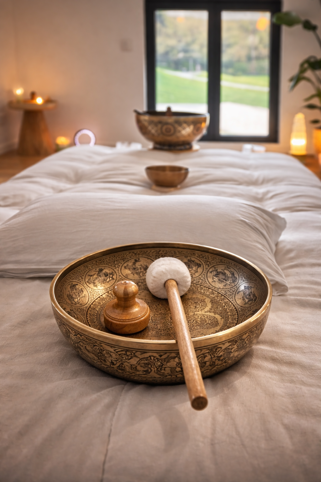 Bols tibétains utilisés lors des séances de sonothérapie à L'Apogée, institut bien-être à Péchabou.