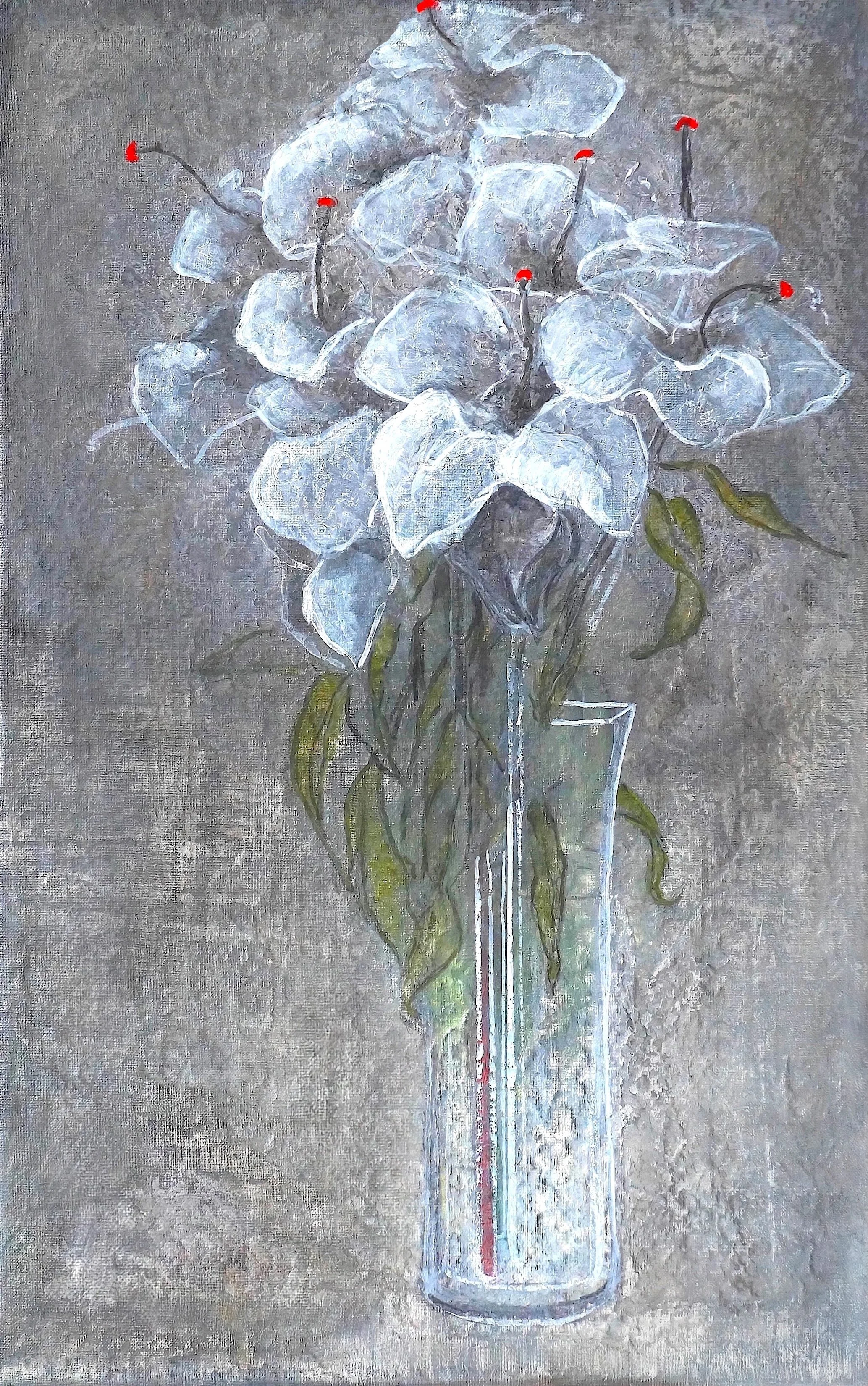  Lilies , 2018. Mixed media on hand prepared linen canvas, 35 x 22 in. 