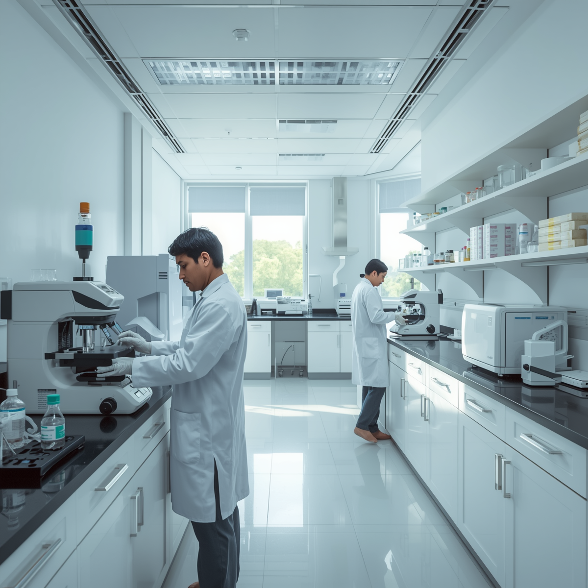 Two scientists in white lab coats working in a modern laboratory with scientific equipment and supplies on countertops and shelves.