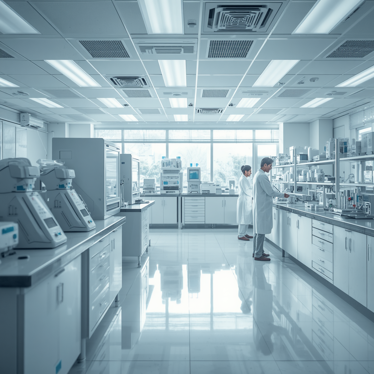 A modern laboratory with two scientists working among various lab equipment and supplies.