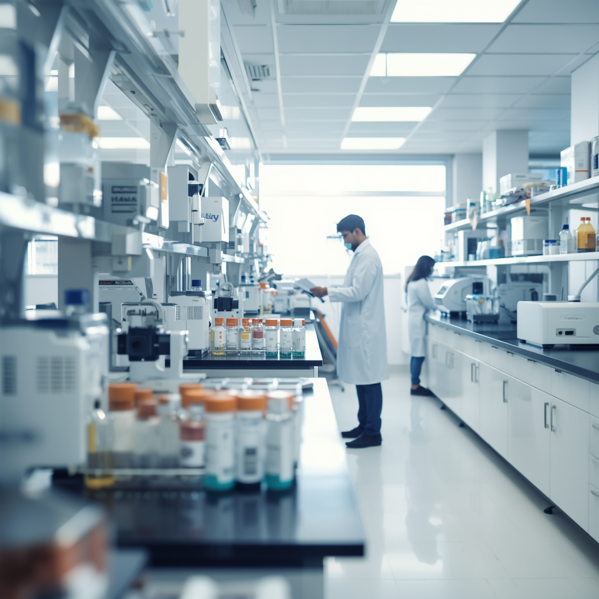 Scientists working in a laboratory with shelves of chemicals and equipment.