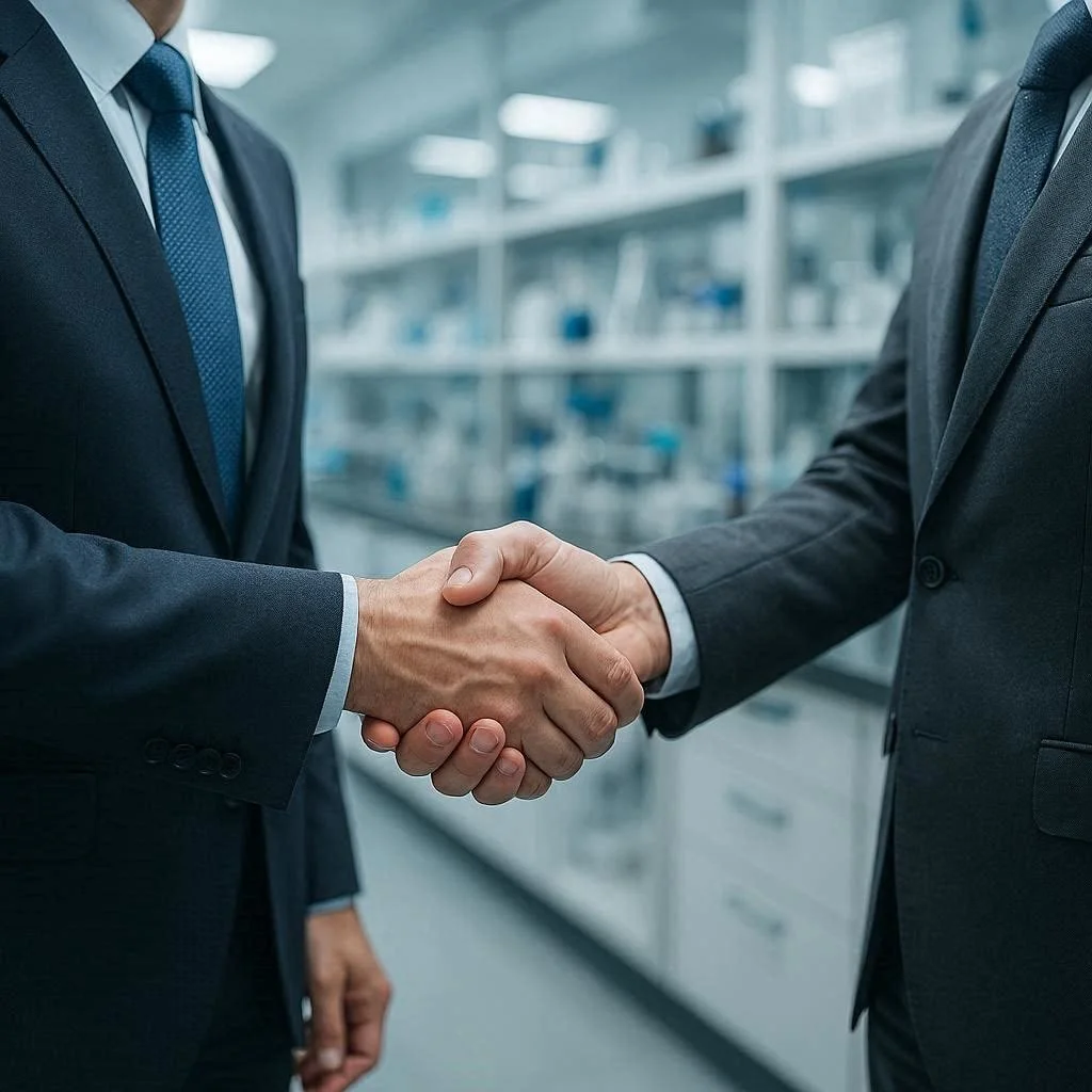 Two men in suits shaking hands in an office or laboratory setting.
