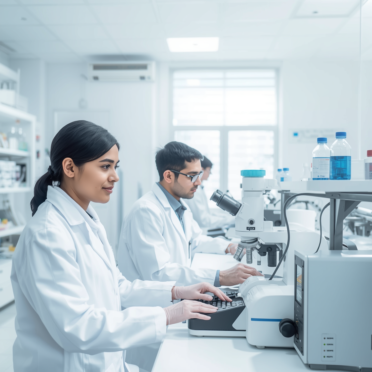 Scientists in lab coats working with microscopes and scientific equipment in a laboratory with bright lighting and large windows.