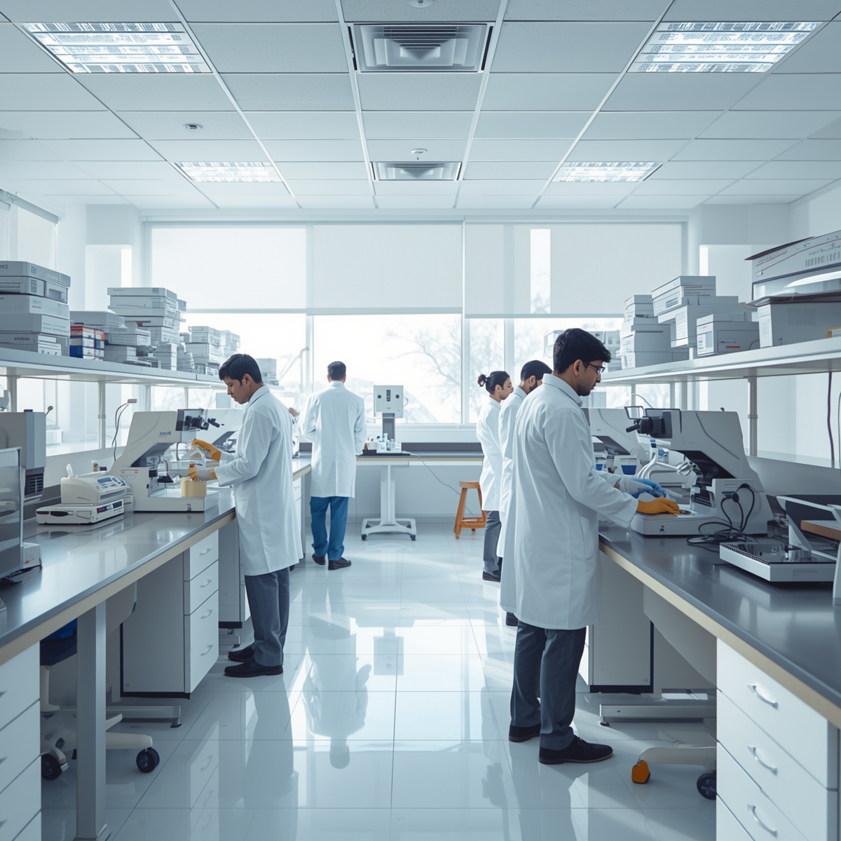 Laboratory scientists working with microscopes and lab equipment in a bright, modern lab with large windows and shelves filled with boxes.