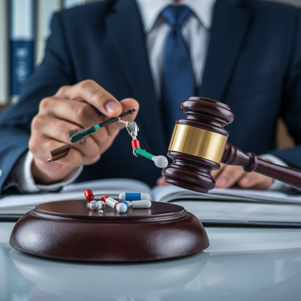 A judge's gavel, a man in a suit holding a syringe, and scattered pills on a desk in a courtroom setting.